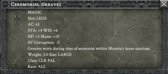 CEREMONIAL GREAVES in-game item card